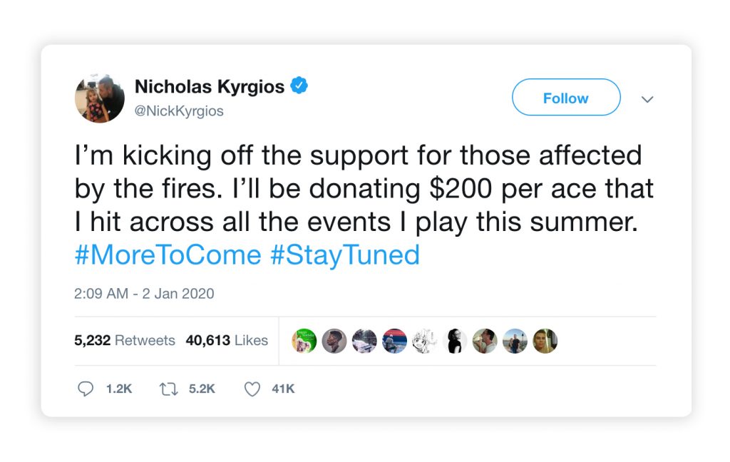 A Tweet of Nick Kyrigos showing his support to Australian bushfires crisis