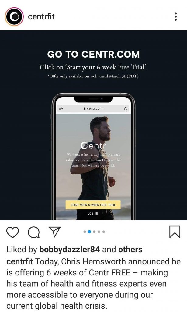 A screenshot of Centr sharing Chris Hemsworth's free 6 weeks trial via their Instagram account