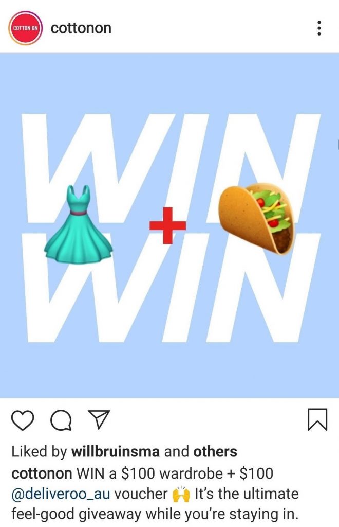 A screenshot of Cotton On sharing their giveaway partnered with Deliveroo on Instagram.