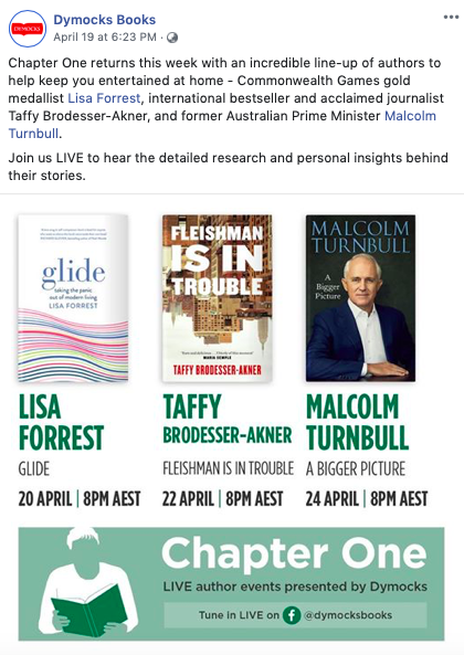 A screenshot of Dymocks sharing their live author events on Facebook.